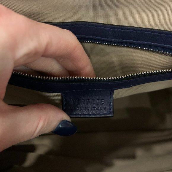 Versace Blue Striped Patent Leather Studded Frame Satchel (Rare) - Picture 5 of 7